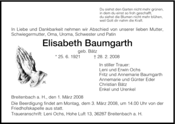 Traueranzeige von Elisabeth Baumgarth von HERSFELDER ZEITUNG