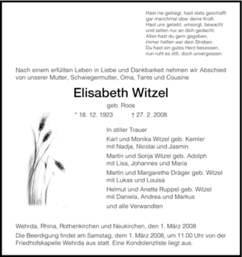 Traueranzeige von Elisabeth Witzel von HERSFELDER ZEITUNG