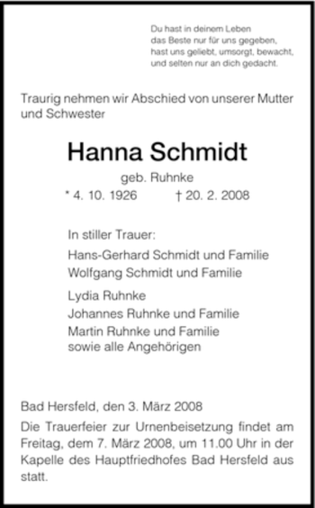 Traueranzeige von Hanna Schmidt von HERSFELDER ZEITUNG