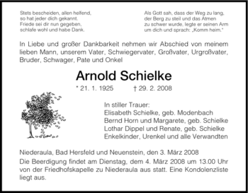 Traueranzeige von Arnold Schielke von HERSFELDER ZEITUNG