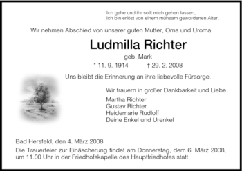Traueranzeige von Ludmilla Richter von HERSFELDER ZEITUNG
