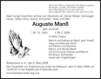 Traueranzeige von Auguste Manß von HERSFELDER ZEITUNG