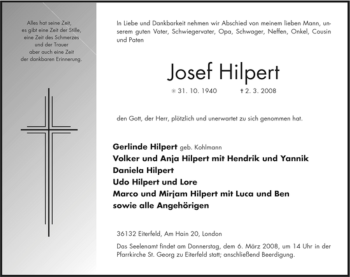 Traueranzeige von Josef Hilpert von HERSFELDER ZEITUNG