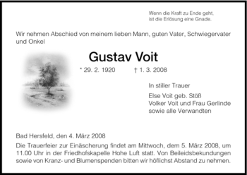 Traueranzeige von Gustav Voit von HERSFELDER ZEITUNG