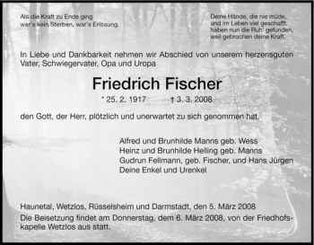 Traueranzeige von Friedrich Fischer von HERSFELDER ZEITUNG
