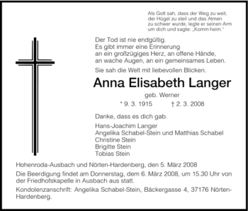 Traueranzeige von Anna Elisabeth Langer von HERSFELDER ZEITUNG