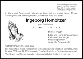 Traueranzeige von Ingeborg Hombitzer von HERSFELDER ZEITUNG