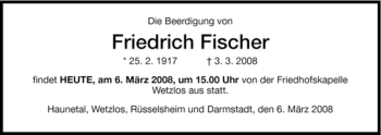 Traueranzeige von Friedrich Fischer von HERSFELDER ZEITUNG