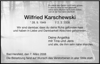 Traueranzeige von Wilfried Karschewski von HERSFELDER ZEITUNG