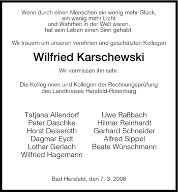 Traueranzeige von Wilfried Karschewski von HERSFELDER ZEITUNG