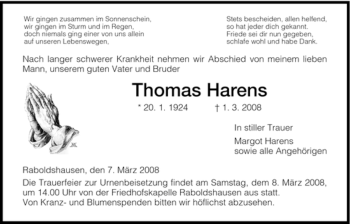 Traueranzeige von Thomas Harens von HERSFELDER ZEITUNG