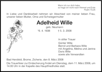 Traueranzeige von Adelheid Wille von HERSFELDER ZEITUNG