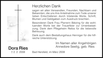 Traueranzeige von Dora Ries von HERSFELDER ZEITUNG