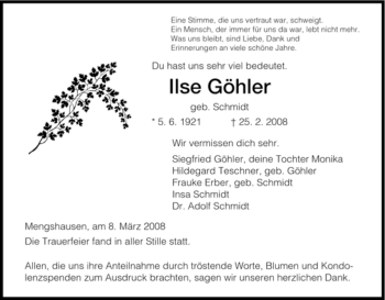 Traueranzeige von Ilse Göhler von HERSFELDER ZEITUNG