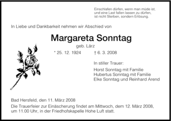 Traueranzeige von Margareta Sonntag von HERSFELDER ZEITUNG