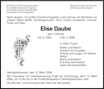 Traueranzeige von Elise Daube von HERSFELDER ZEITUNG