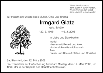 Traueranzeige von Irmgard Glatz von HERSFELDER ZEITUNG