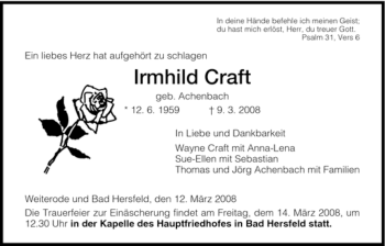 Traueranzeige von Irmhild Craft von HERSFELDER ZEITUNG