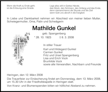 Traueranzeige von Mathilde Gunkel von HERSFELDER ZEITUNG