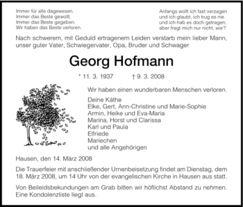 Traueranzeige von Georg Hofmann von HERSFELDER ZEITUNG