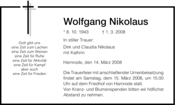 Traueranzeige von Wolfgang Nikolaus von HERSFELDER ZEITUNG