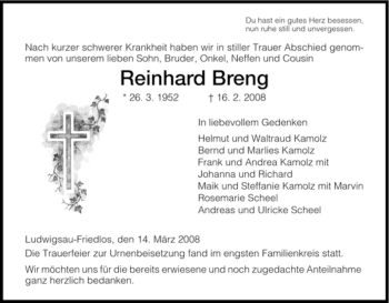 Traueranzeige von Reinhard Breng von HERSFELDER ZEITUNG