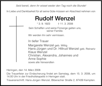 Traueranzeige von Rudolf Wenzel von HERSFELDER ZEITUNG