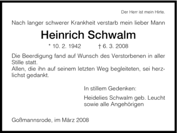 Traueranzeige von Heinrich Schwalm von HERSFELDER ZEITUNG