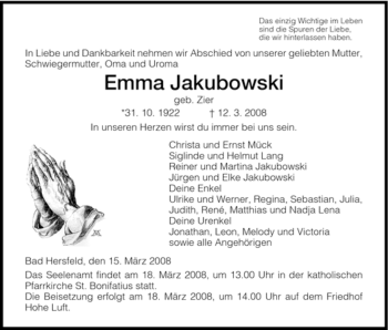 Traueranzeige von Emma Jakubowski von HERSFELDER ZEITUNG