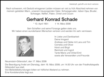 Traueranzeige von Gerhard Konrad Schade von HERSFELDER ZEITUNG