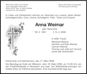 Traueranzeige von Anna Weimar von HERSFELDER ZEITUNG