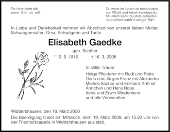 Traueranzeige von Elisabeth Gaedke von HERSFELDER ZEITUNG
