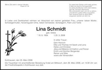 Traueranzeige von Lina Schmidt von HERSFELDER ZEITUNG