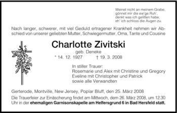 Traueranzeige von Charlotte Zivitski von HERSFELDER ZEITUNG