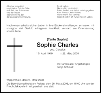 Traueranzeige von Sophie Charles von HERSFELDER ZEITUNG