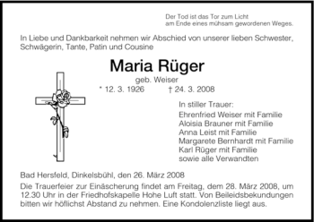 Traueranzeige von Maria Rüger von HERSFELDER ZEITUNG