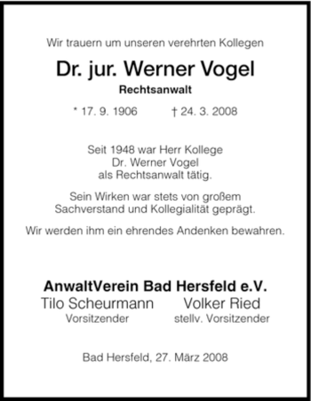 Traueranzeige von Werner Vogel von HERSFELDER ZEITUNG