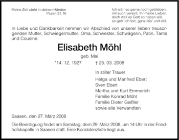 Traueranzeige von Elisabeth Möhl von HERSFELDER ZEITUNG