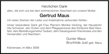 Traueranzeige von Gertrud Maus von HERSFELDER ZEITUNG