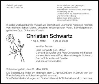 Traueranzeige von Christian Schwartz von HERSFELDER ZEITUNG