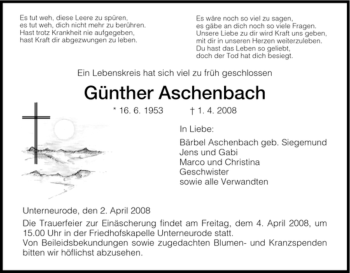 Traueranzeige von Günther Aschenbach von HERSFELDER ZEITUNG