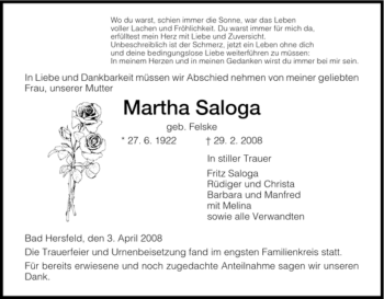 Traueranzeige von Martha Saloga von HERSFELDER ZEITUNG