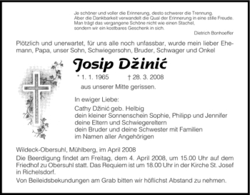 Traueranzeige von Josip Dzinic von HERSFELDER ZEITUNG