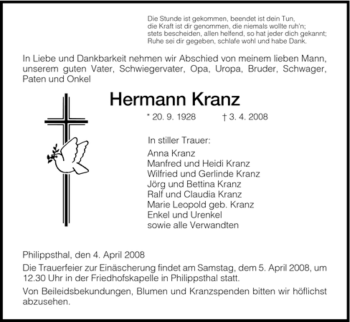 Traueranzeige von Hermann Kranz von HERSFELDER ZEITUNG
