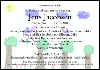 Traueranzeige von Jens Jacobsen von HERSFELDER ZEITUNG