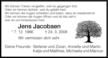 Traueranzeige von Jens Jacobsen von HERSFELDER ZEITUNG