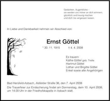 Traueranzeige von Ernst Göttel von HERSFELDER ZEITUNG