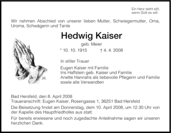 Traueranzeige von Hedwig Kaiser von HERSFELDER ZEITUNG