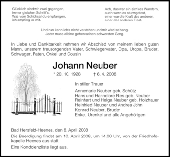 Traueranzeige von Johann Neuber von HERSFELDER ZEITUNG