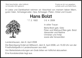 Traueranzeige von Hans Bolzt von HERSFELDER ZEITUNG